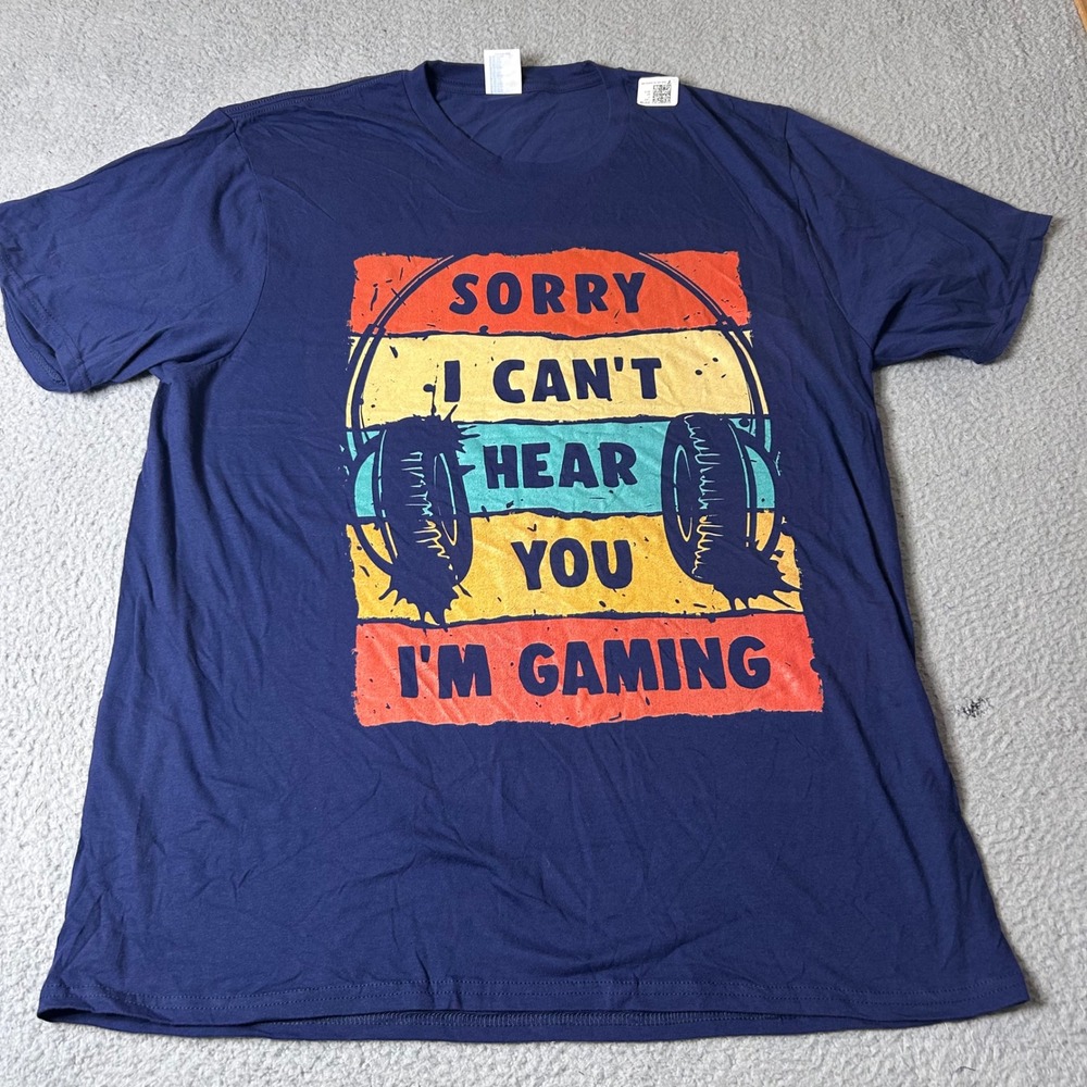 NEW Port & Company Gaming T-Shirt Mens Blue XL Sorry I Can't Hear You Gamer Tee‎